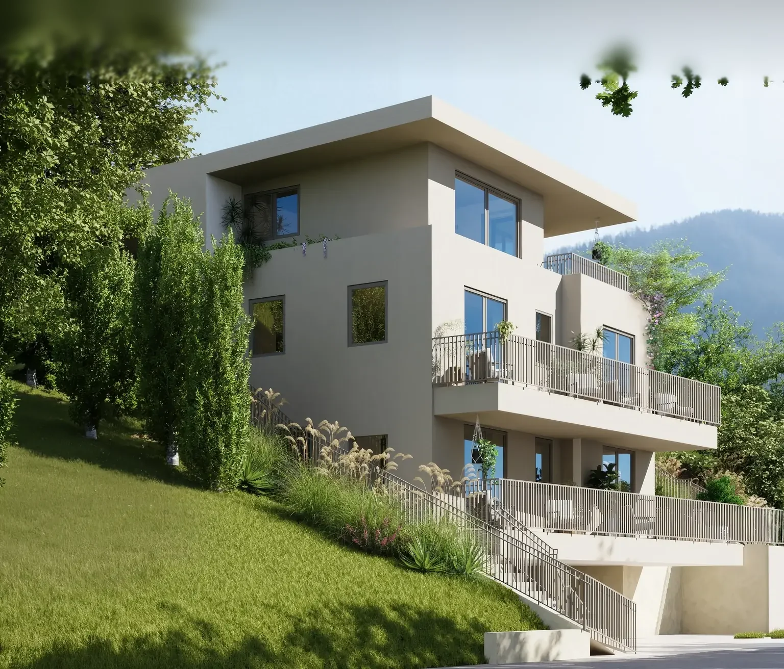 Visualisierung des Neubaus Volders: Mehrfamilienhaus von MCE Baukonzepte mit drei Eigentumswohnungen am Hang