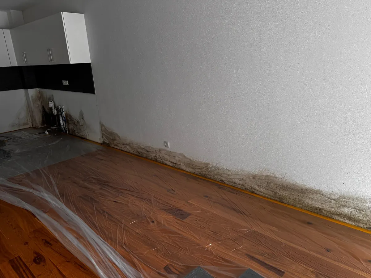 Schimmel am Wandfuß im Wohnraum vor der Schimmelsanierung, Wohnung in Axams, Tirol