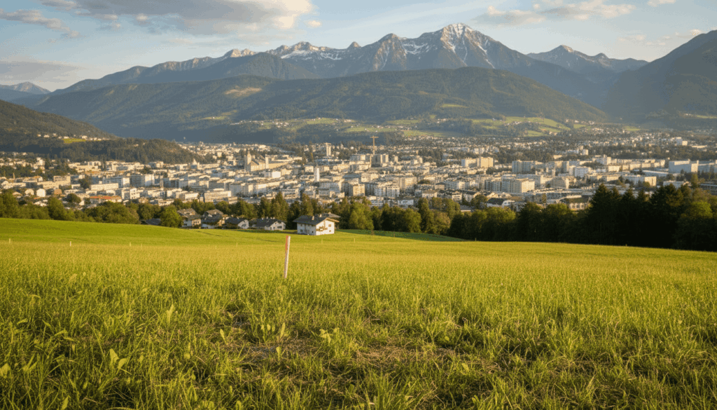 Panoramablick auf Innsbruck mit grünen Wiesen im Vordergrund und den Alpen im Hintergrund.