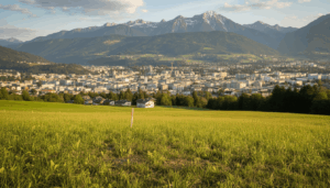 Panoramablick auf Innsbruck mit grünen Wiesen im Vordergrund und den Alpen im Hintergrund.