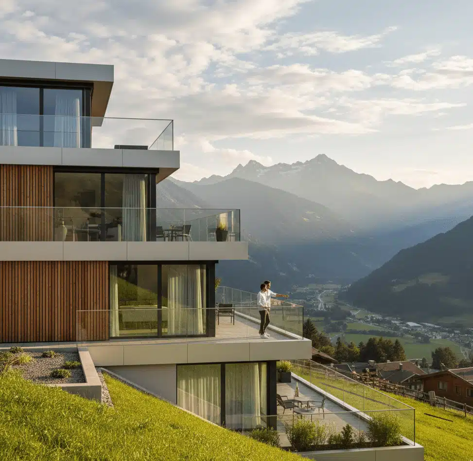 Moderne Terrassenwohnanlage in Hanglage mit Blick auf die Tiroler Alpen bei Innsbruck, hochwertige Architektur mit Holzfassade und Glasgeländern.