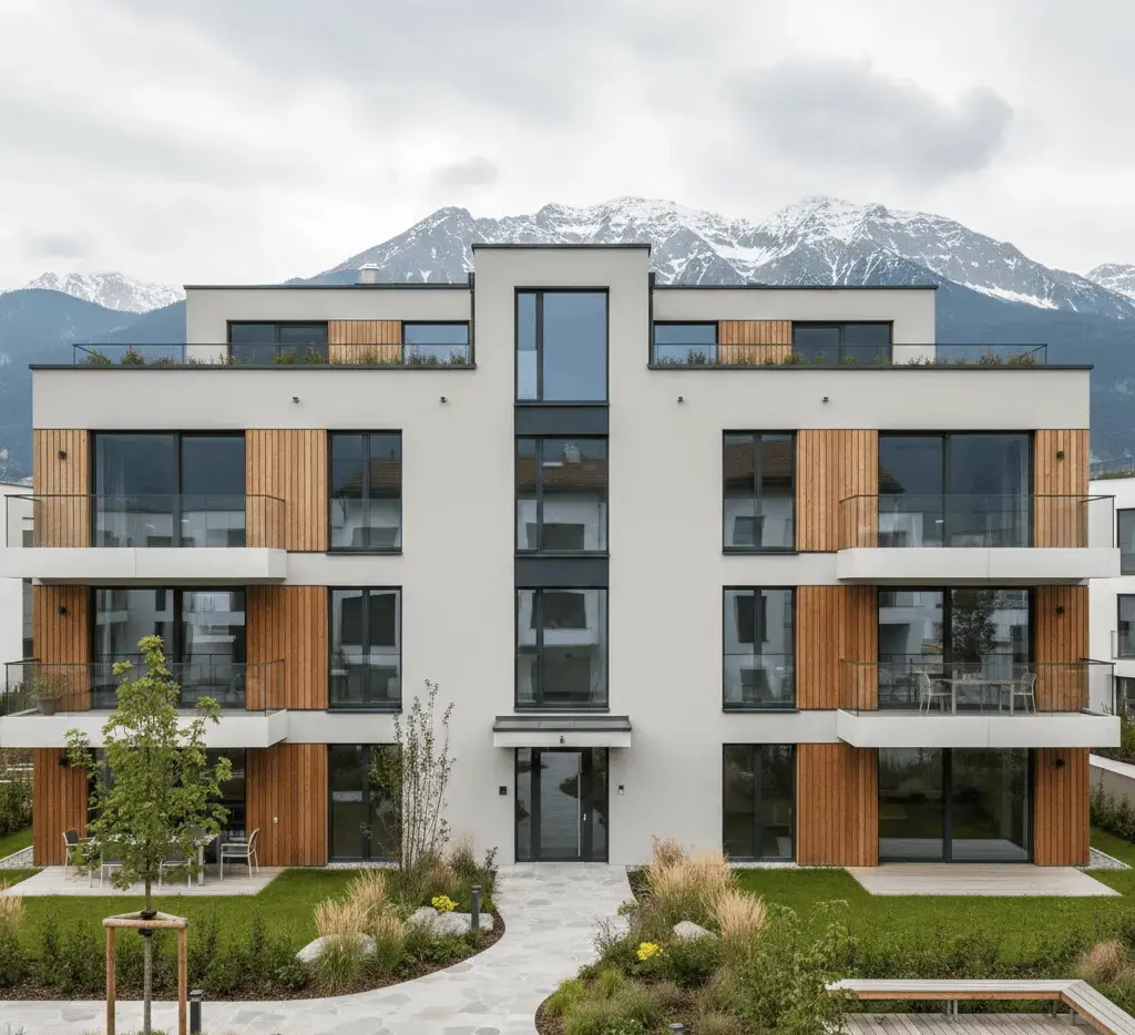 Vorderansicht eines modernen, vierstöckigen Mehrfamilienhauses in Innsbruck mit heller Putzfassade, Holzverkleidungen und Glasbalkonen. Im Vordergrund ein gepflegter Garten mit Steinweg, im Hintergrund die schneebedeckten Gipfel der Nordkette unter bewölktem Himmel.