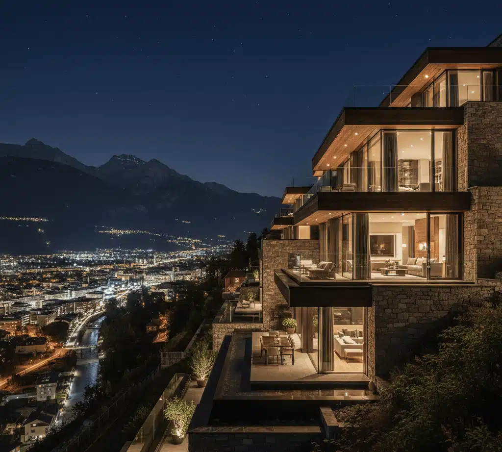 odernes Wohnen über Innsbruck: Alpine Architektur bei Sonnenuntergang