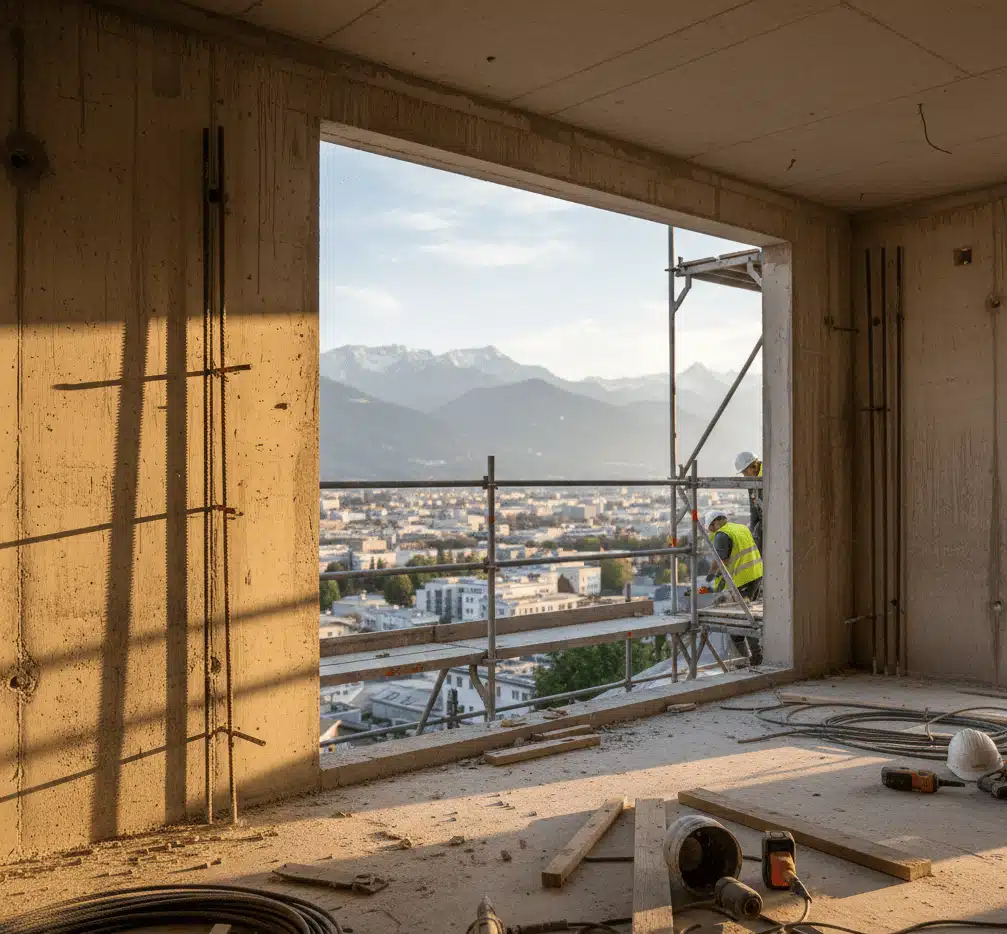 Eine fotorealistische Innenansicht eines im Bau befindlichen Luxusapartments am Hang in Innsbruck, Österreich, mit rohen Betonwänden, Bewehrungsstahl und Bauwerkzeugen im goldenen Abendlicht mit Blick auf die Alpen.