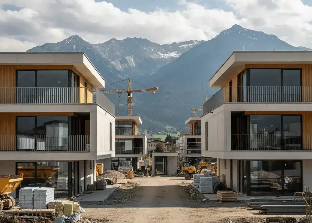 Eine hochwertige Baustelle in Innsbruck mit minimalistischen Gebäuden aus Beton und Holz, großen Glasfronten und den schroffen Gipfeln der Nordkette im Hintergrund.