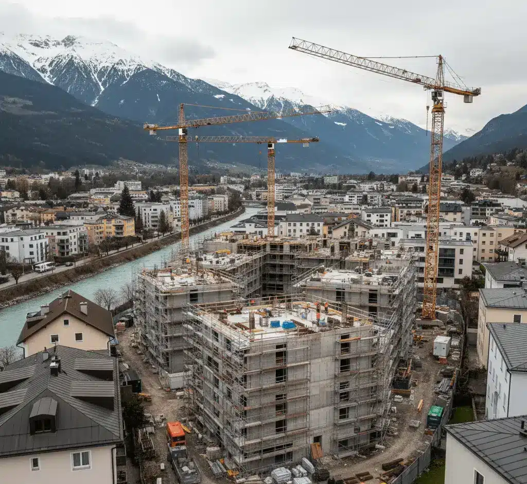 Eine weitläufige Baustelle im Stadtgebiet von Innsbruck, Österreich. Mehrere Rohbauten aus Beton mit Gerüsten stehen dicht gedrängt zwischen bestehenden Wohnhäusern am Ufer des Inns. Drei große, gelbe Turmdrehkrane ragen in den bewölkten Himmel. Im Hintergrund erheben sich die schneebedeckten Gipfel der Alpen.
