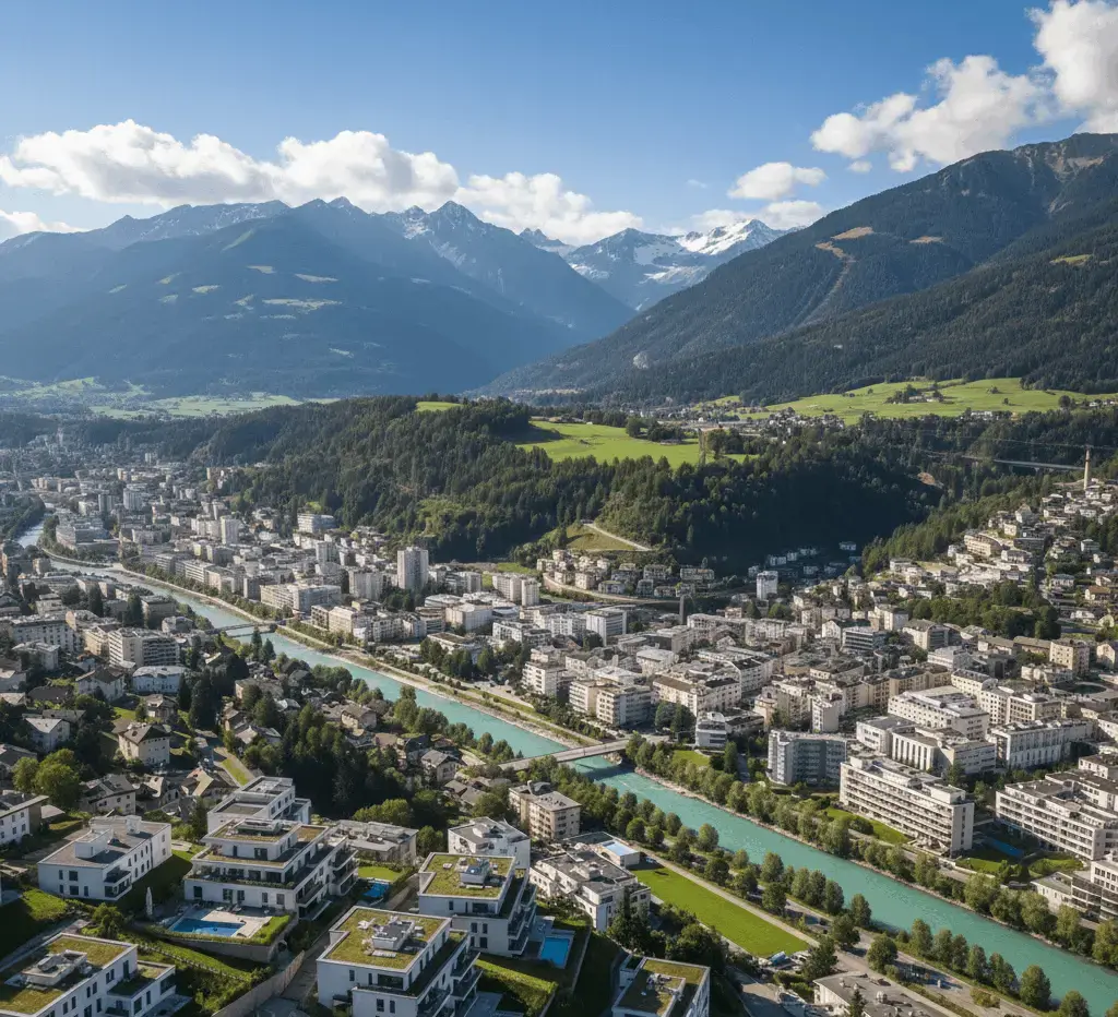 Eine realistische Drohnenaufnahme von Innsbruck mit Blick auf moderne Wohnsiedlungen am Inn, eingebettet in die markante Tiroler Alpenlandschaft unter blauem Himmel.